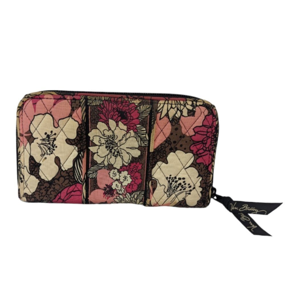 VERA BRADLEY Mocha Rouge Floral Zip Accordion Wallet Cream Pink Brown Hot Pink